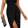 Akivide Women's Sexy One Shoulder Cutout Ruched Bodycon Slit Wrap Midi Dresses