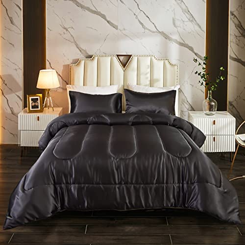 Black Satin Comforter Set Luxury Black Comforter Silky Microfiber Filling Down