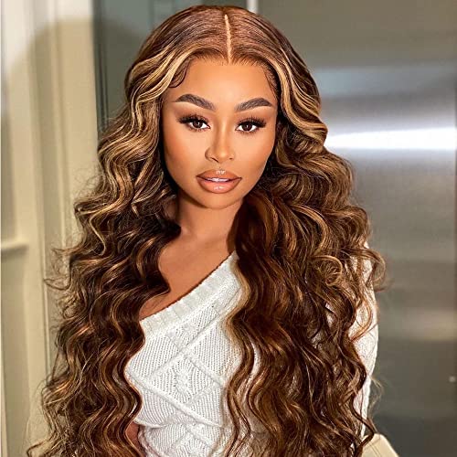 Body Wave 13x4 Lace Front Wigs Human Hair Highlight Ombre Wigs #4/27 Brown to Blonde