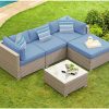COSIEST 5-Piece Outdoor Furniture Set Warm Gray Wicker Sectional Sofa w Denim Blue