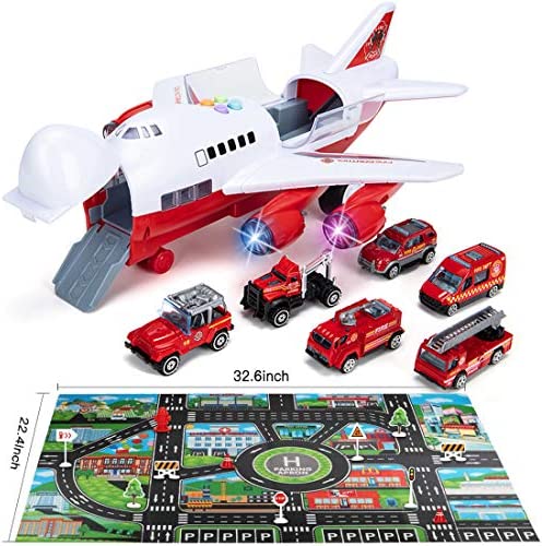 Car Toys Set with Transport Cargo Airplane, Educational Vehicles Fire Fighting Car