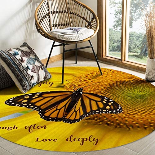Close-up Sunflower Butterfly Nectar Round Area Rugs 6ft - Soft Area Rug for Kids Room