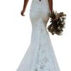 Clothfun Women's Lace Mermaid Wedding Dresses for Bride with Sleeves Bridal Gown