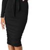 Cutiefox Women's Long Sleeve Front Tie Crew Neck Knee Length Ruched Bodycon Dress