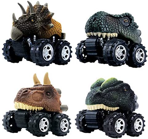 DINOBROS Pull Back Dinosaur Car Toys 4 Pack Dino Toys for 3 Year Old Boys and