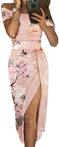 Dearlove Women's Casual Off The Shoulder Floral Print High Slit Evening Party Dress