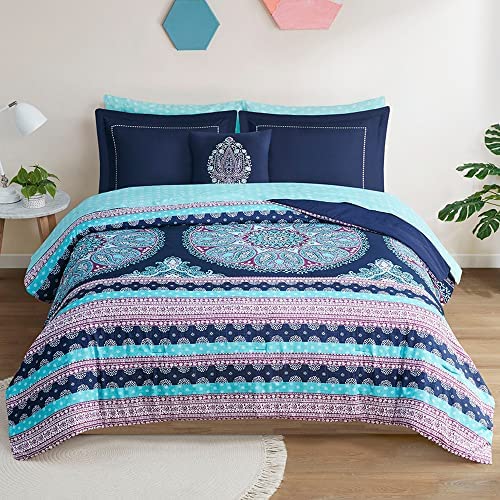 Degree of Comfort Queen Bed Set, Boho Mandala Comforter Sets with Sheets ,Blue