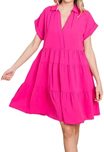 Dyexces Womens Summer Mini Dress V Neck Ruffle Tiered Dress Casual Cute Flowy Tunic