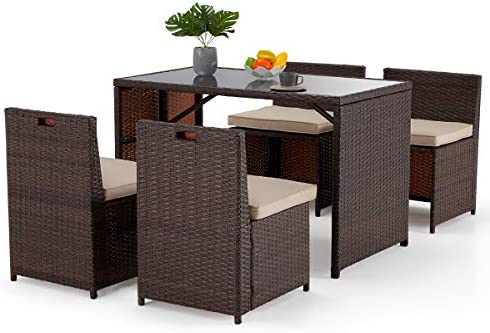 EROMMY 5 Pieces Patio Dining Set，Space Saving Rattan Chairs with Glass Table Outdoor