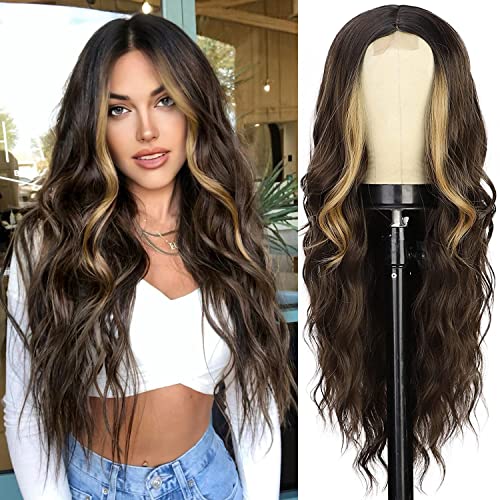 Earfodo Brown Wigs for Women Long Brown Wavy Wig Natural Looking Long Curly Wig With