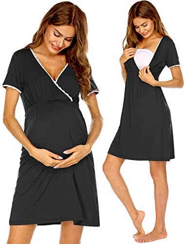 Ekouaer Women 3 in 1 Delivery/Labor/Maternity/Nursing Nightgown Short Sleeve Pleated