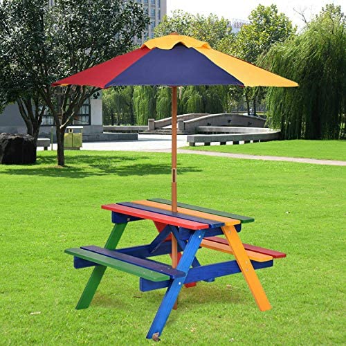FANTASK Kids Picnic Table Set, Colorful Wooden Table and Bench Set w/Removable &