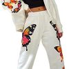 Forwelly Two Piece Outfits for Women Cute Butterfly Print Hooded Jacket and Sweatpant
