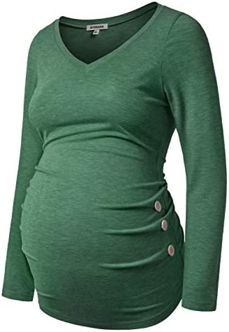 GINKANA Maternity Shirt Long Sleeve Basic Top Ruch Sides Buttons Tshirt for Pregnant