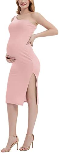 GINKANA Women's Maternity Ribbed Dress One Shoulder Side Split Midi Dress for Baby