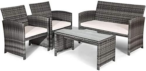Goplus Rattan Patio Furniture Set 4 Pieces, Outdoor Wicker Conversation Sofa and