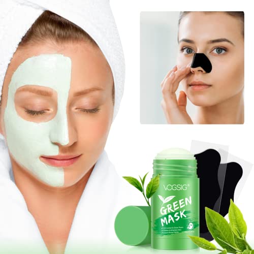 Green Tea Mask Stick for Face with10 pc Blackhead Acne Remover Patches Combi, Green