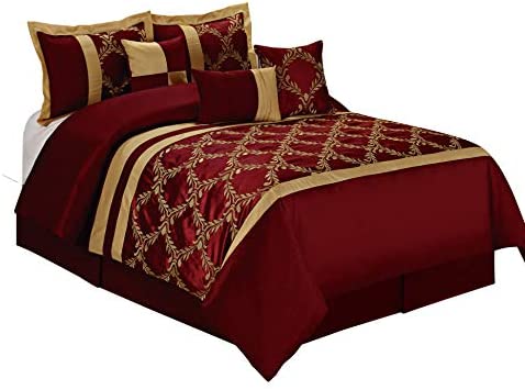 HIG 7 Piece Comforter Set Queen - Burgundy and Gold Faux Silk Fabric Embroidered -