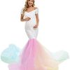 HIHCBF Rainbow Tulle Maternity Dress for Photoshoot Baby Shower Wedding Off-Shoulder