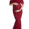 HIHCBF Women Lace Maternity Mermaid Gown Off Shoulder Ruffle Spaghetti Straps Fitted