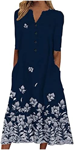 HNUYAN Women's Print Dress, Women's Butterfly Floral Print Short Sleeve Midi Dress