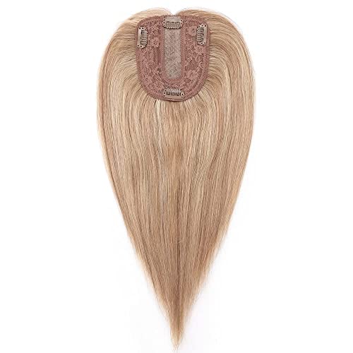 Hairro 12 Inch Silk Base Clip in Human Hair Topper for Women Golden Brown Mix Dark