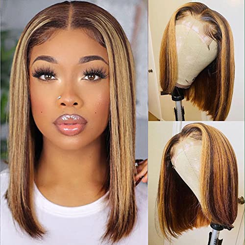 Highlight 13x4 Lace Front Wigs Human Hair Straight Ombre Colored Glueless Wigs 14