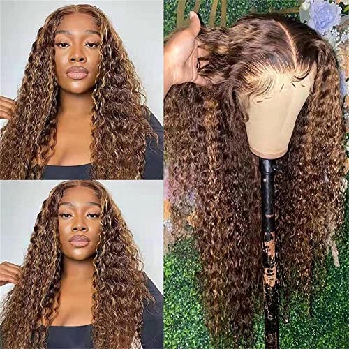 Highlight Human Hair HD Lace Front Wigs 13x4 Deep Wave Curly #4/27 Ombre Colored