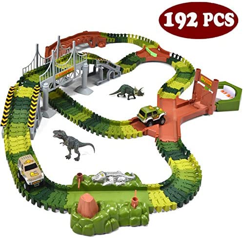 JOYIN Dinosaur Toys 192 Pieces Race Tracks Flexible Train Track Race Car Vehicle