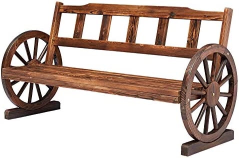 Kintness Patio Garden Wooden Wagon Wheel Bench 2-Person Outdoor Wagon Wheel Bench