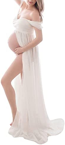 Maternity Dress for Photography Props Off Shoulder Chiffon Split Front Maxi Pregnancy