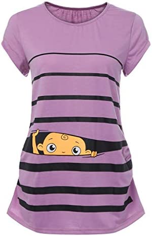Maternity Shirts Funny Baby Print Striped Short Sleeve T-Shirt Cute Tops Casual Comfy
