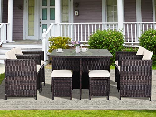 Merax 9 Piece Outdoor Patio Dining Wicker/Rattan Table, Cushioned Seating Chairs and
