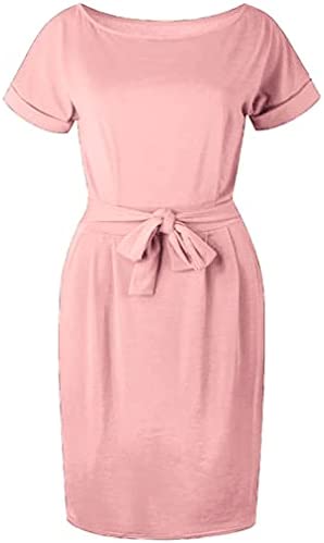 Miselon Women's Summer Casual Tshirt Dress Short Sleeve Belted Office Pencil Party