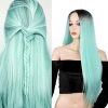 Ombre Mint Green Long Straight Wig Colorful Middle Part Heat Resistant Synthetic