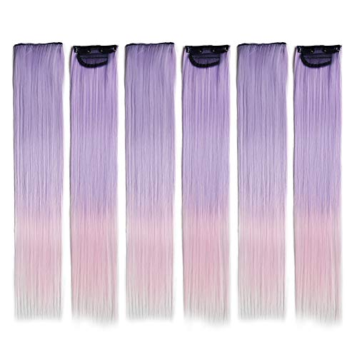Ombre Purple Pink Clip in Hair Extensions 22inch Long Straight Rainbow Colored