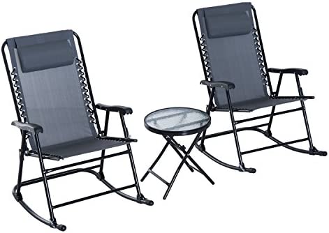 Outsunny 3 Piece Outdoor Rocking Bistro Set, Patio Folding Chair Table Set with Glass
