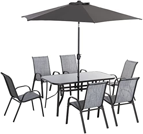 Outsunny 8 Piece Patio Dining Set with 8Ft Patio Table Umbrella with Push Button Tilt