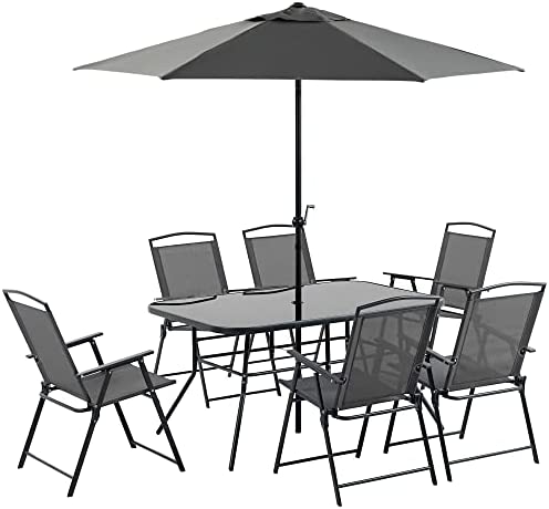 Outsunny 8 Piece Patio Dining Set with Table Umbrella, 6 Folding Chairs and Rectangle