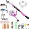 PLUSINNO Ladies Telescopic Fishing Rod and Reel Combos,Spinning Fishing Pole Pink