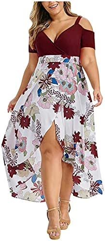 Plus Size Maxi Dress for Womens Summer Floral Print Long Dresses Sexy Lace Cold