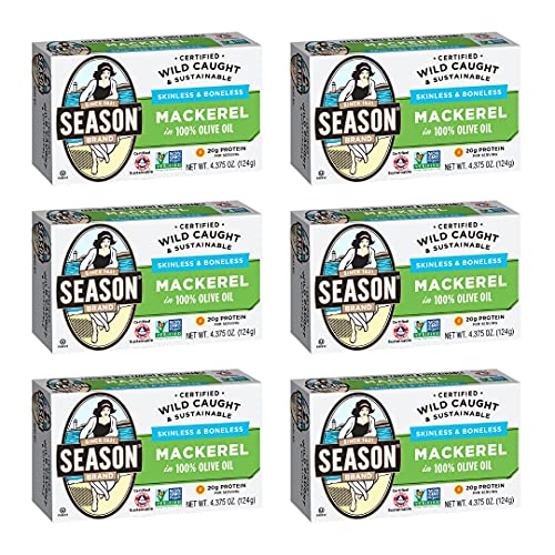 Season Skinless and Boneless Fillets of Mackerel in Olive Oil, 4.375-Ounce Tins (Pack