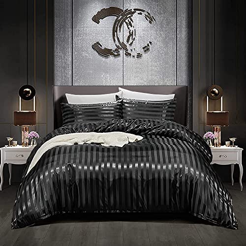 Sisher 5Pcs Comforter Set Queen Size, Black Stripe Silk Bedding Sets for Man Woman,