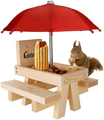 Squirrel Table Feeder with Umbrella, Lalafancy Wooden Picnic Table Feeder for