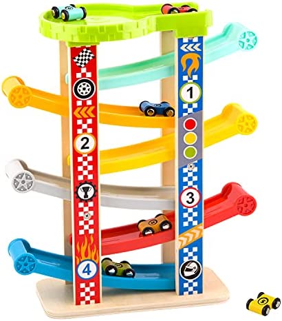 TOOKYLAND Wooden Car Ramp Racer Toy, Toddler Race Track Toy with 6 Mini Cars and
