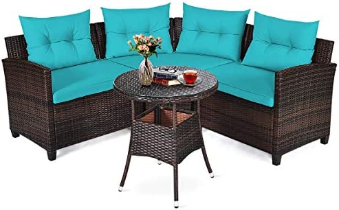 Tangkula 4-Piece Patio Furniture Set, C-Shape Outdoor Wicker Sectional Sofa Set,