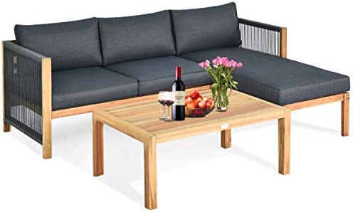 Tangkula L Shape Outdoor Furniture Set, 3 Piece Acacia Wood Patio Conversation Set,