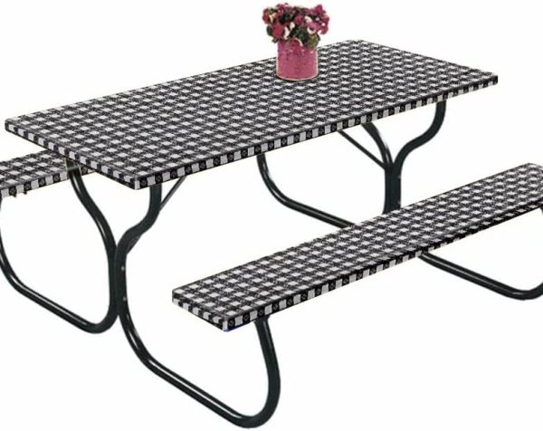 Vinyl Picnic Table Cover and Bench Covers Fitted Tablecloth ,Flannel Backing Elastic