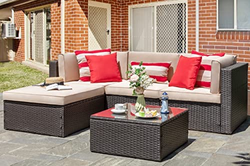 Vongrasig 5 Piece Patio Furniture Sets, All-Weather Brown PE Wicker Outdoor Couch