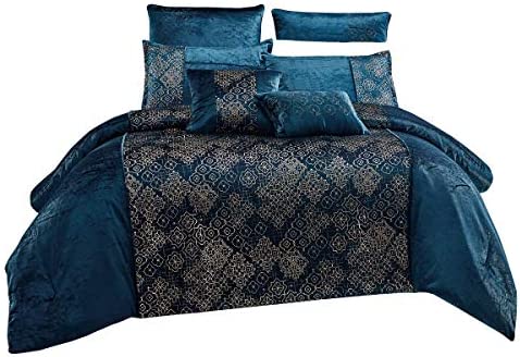WPM 7 Piece Teal Blue Gold Comforter Set Luxury Royal Bedding Bed in a Bag with Euro